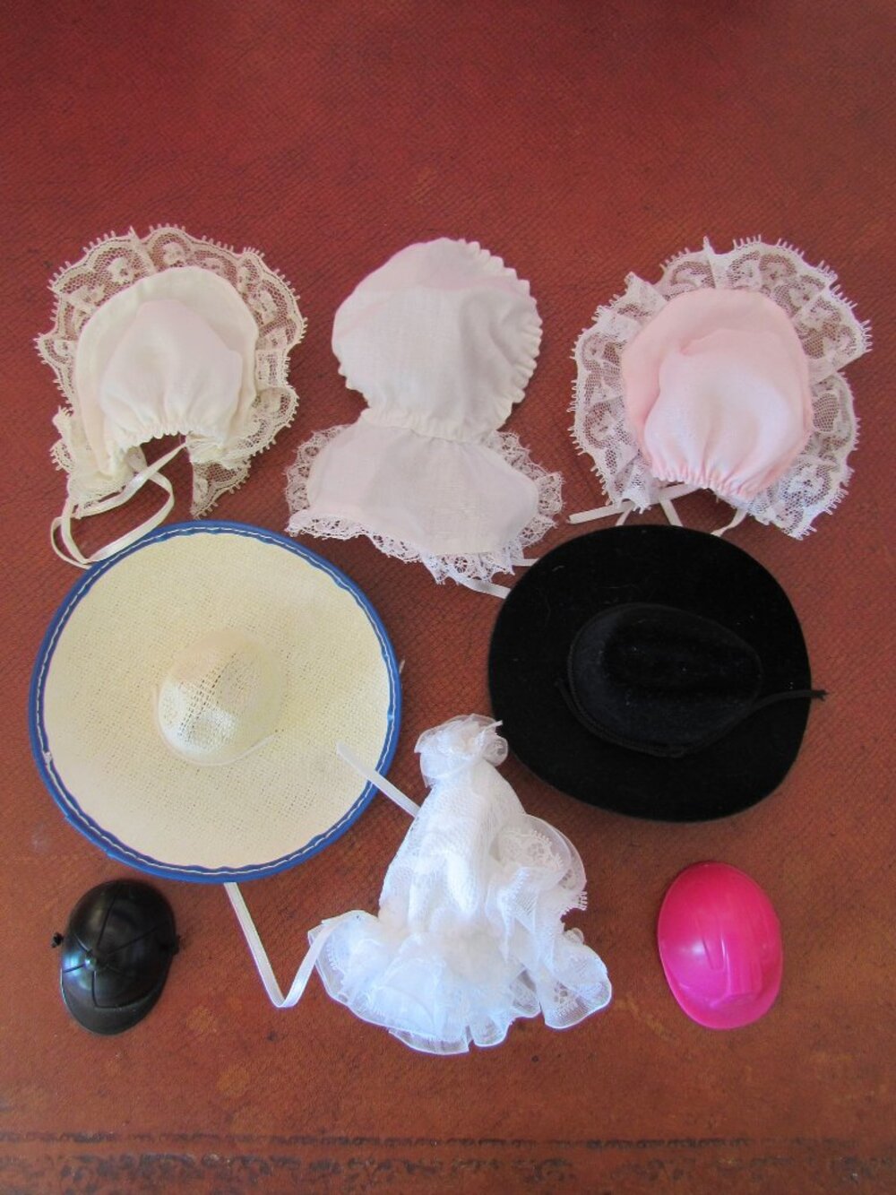 DOLL HATS, VARIOUS STYLE & SIZES, COWBOY HAT, LACE PERIOD CAPS, RIDING HELMET